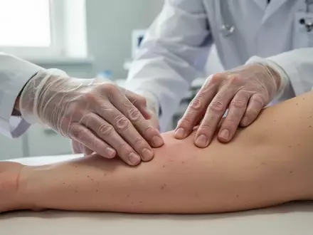 Dermatologe bei der Untersuchung einer Hautstelle am Unterarm eines Patienten in einer medizinischen Praxis. - Foto: über boerse-global.de