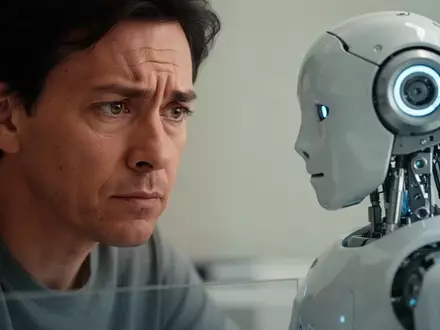 Ein Mensch betrachtet skeptisch einen humanoiden Roboter bei einer Interaktion in einer Laborumgebung. - Foto: über boerse-global.de