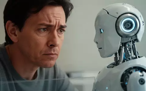 Ein Mensch betrachtet skeptisch einen humanoiden Roboter bei einer Interaktion in einer Laborumgebung. - Foto: über boerse-global.de