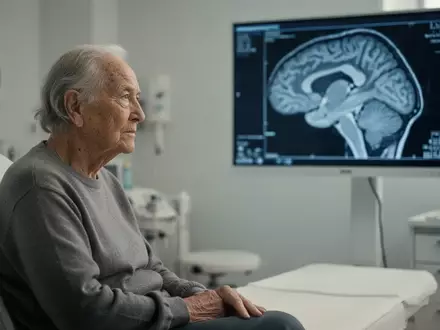Ältere Person in einem medizinischen Untersuchungsraum vor einem verschwommenen Bild einer Gehirnstruktur. - Foto: über boerse-global.de
