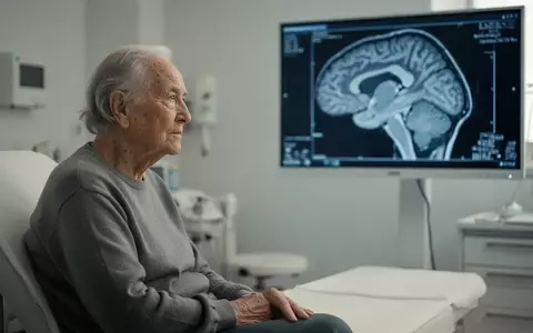 Ältere Person in einem medizinischen Untersuchungsraum vor einem verschwommenen Bild einer Gehirnstruktur. - Foto: über boerse-global.de