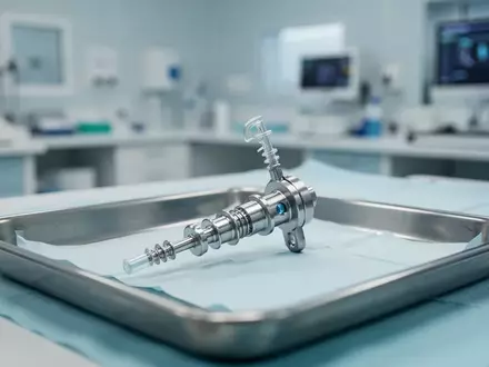 Ein hochpräzises medizinisches Implantat auf einem sterilen chirurgischen Tablett in einem modernen Labor. - Foto: über boerse-global.de