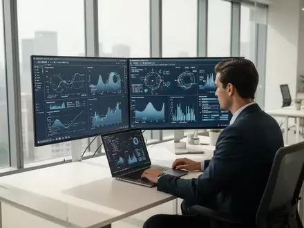 Ein professioneller Arbeitsplatz in einem modernen Büro mit einem Mitarbeiter, der an einem Laptop komplexe Daten analysiert. - Foto: über boerse-global.de
