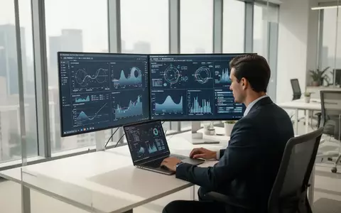 Ein professioneller Arbeitsplatz in einem modernen Büro mit einem Mitarbeiter, der an einem Laptop komplexe Daten analysiert. - Foto: über boerse-global.de