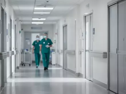 Ein steriler, hell beleuchteter Krankenhausflur mit einem medizinischen Mitarbeiter im unscharfen Hintergrund. - Foto: über boerse-global.de