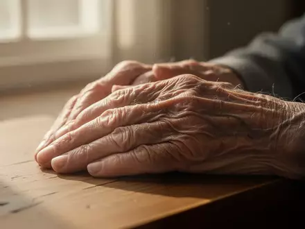 Nahaufnahme der Hände eines älteren Menschen, die sanft auf einer Holzoberfläche ruhen, in weichem, natürlichem Licht. - Foto: über boerse-global.de