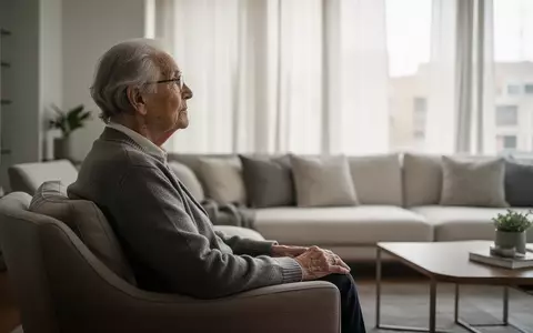 Ein älterer Mensch blickt nachdenklich aus einem Fenster in einem hellen, modernen Wohnraum. - Foto: über boerse-global.de