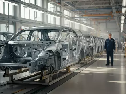 Blick in eine weitläufige, menschenleere Fertigungshalle des Volkswagen-Werks Zwickau mit montierten E-Auto-Karosserien. - Foto: über boerse-global.de