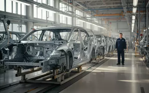 Blick in eine weitläufige, menschenleere Fertigungshalle des Volkswagen-Werks Zwickau mit montierten E-Auto-Karosserien. - Foto: über boerse-global.de