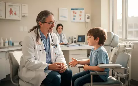 Ein Kinderarzt im Gespräch mit einem zehnjährigen Kind während einer medizinischen Vorsorgeuntersuchung in einer Praxis. - Foto: über boerse-global.de