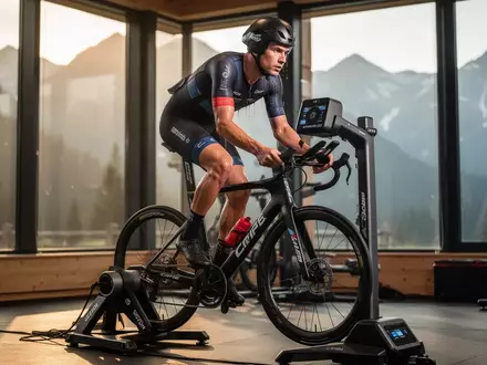 Ein professioneller Triathlet trainiert auf einem Rennrad in einem hochmodernen Trainingszentrum vor einer Alpenkulisse. - Foto: über boerse-global.de
