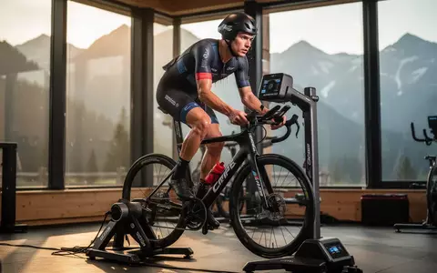 Ein professioneller Triathlet trainiert auf einem Rennrad in einem hochmodernen Trainingszentrum vor einer Alpenkulisse. - Foto: über boerse-global.de
