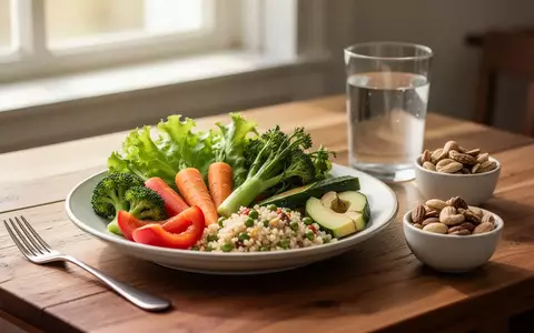 Gesunde Mahlzeit mit Gemüse und einem Glas Wasser auf einem Holztisch, beleuchtet durch natürliches Tageslicht. - Foto: über boerse-global.de