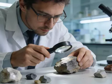 Geologe untersucht eine Gesteinsprobe in einem modernen Labor. - Foto: über boerse-global.de