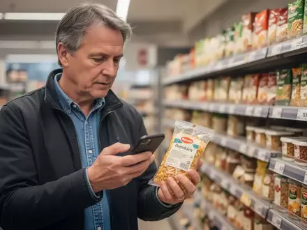 Eine Person vergleicht in einem Supermarkt aufmerksam die Preise von Lebensmitteln und nutzt dabei ihr Smartphone. - Foto: über boerse-global.de