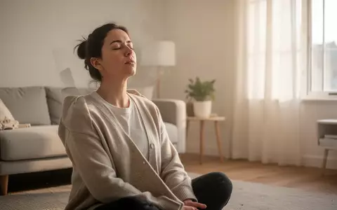 Eine Person praktiziert in einem hellen, minimalistischen Wohnzimmer achtsam Atemübungen zur Entspannung. - Foto: über boerse-global.de