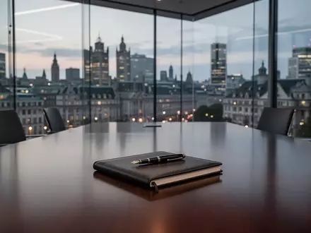 Ein moderner, minimalistischer Konferenzraum mit Blick auf ein Finanzviertel bei Dämmerung. - Foto: über boerse-global.de