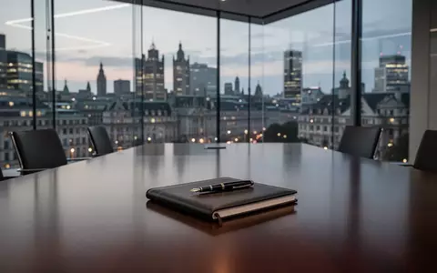 Ein moderner, minimalistischer Konferenzraum mit Blick auf ein Finanzviertel bei Dämmerung. - Foto: über boerse-global.de