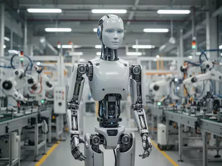 Ein humanoider Roboter steht in einer modernen Industriehalle vor verschwommenen Fertigungsanlagen. - Foto: über boerse-global.de