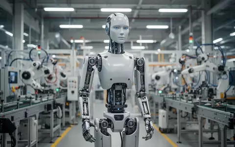Ein humanoider Roboter steht in einer modernen Industriehalle vor verschwommenen Fertigungsanlagen. - Foto: über boerse-global.de