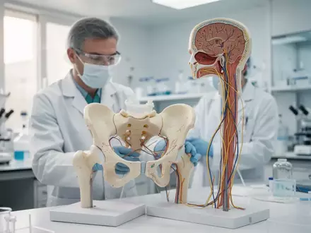 Eine medizinische Fachkraft betrachtet ein anatomisches Modell des menschlichen Beckenbereichs und Nervensystems. - Foto: über boerse-global.de