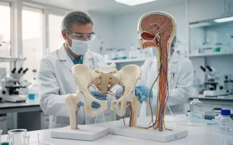 Eine medizinische Fachkraft betrachtet ein anatomisches Modell des menschlichen Beckenbereichs und Nervensystems. - Foto: über boerse-global.de