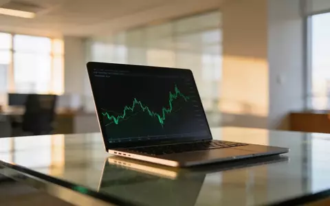 Ein minimalistischer moderner Büroarbeitsplatz mit einem Laptop, der abstrakte grüne Markttrends andeutet. - Foto: über boerse-global.de