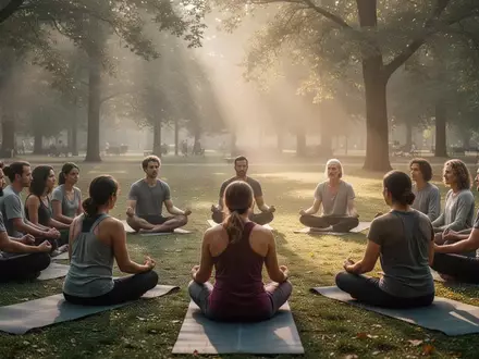 Eine Gruppe von Menschen praktiziert in einem ruhigen Park Yoga, um Achtsamkeit und innere Ruhe zu finden. - Foto: über boerse-global.de