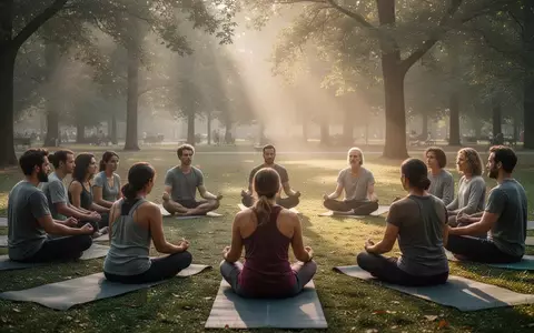 Eine Gruppe von Menschen praktiziert in einem ruhigen Park Yoga, um Achtsamkeit und innere Ruhe zu finden. - Foto: über boerse-global.de