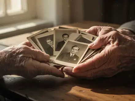 Nahaufnahme der Hände eines älteren Menschen, der beim biografischen Erzählen symbolische Bildkarten auf einem Tisch hält. - Foto: über boerse-global.de
