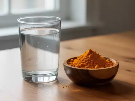 Eine Schale mit leuchtend gelbem Kurkumapulver und ein Glas Wasser stehen auf einem Holztisch. - Foto: über boerse-global.de