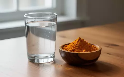 Eine Schale mit leuchtend gelbem Kurkumapulver und ein Glas Wasser stehen auf einem Holztisch. - Foto: über boerse-global.de
