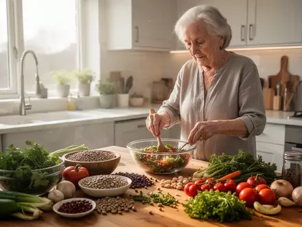 Eine ältere Person bereitet in einer hellen, modernen Küche eine gesunde Mahlzeit mit frischen Zutaten zu. - Foto: über boerse-global.de