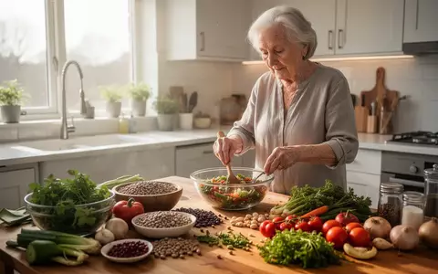 Eine ältere Person bereitet in einer hellen, modernen Küche eine gesunde Mahlzeit mit frischen Zutaten zu. - Foto: über boerse-global.de