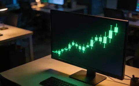 Ein heller, nach oben gerichteter Aktienchart auf einem Monitor in einem modernen, abgedunkelten Büro. - Foto: über boerse-global.de