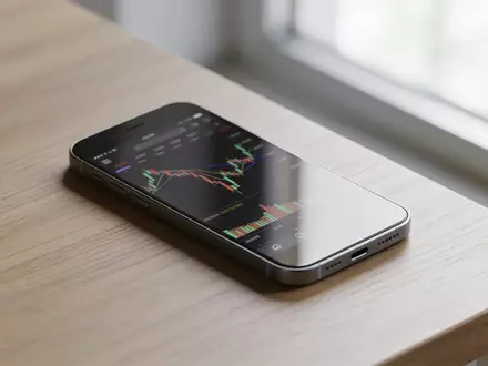 Ein minimalistischer Schreibtisch mit einem Smartphone, das einen unscharfen Aktienchart anzeigt. - Foto: über boerse-global.de