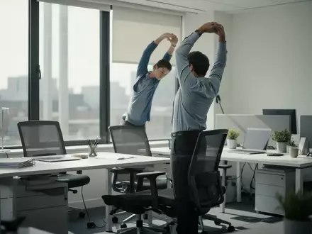 Eine Person macht im hellen Büro eine Dehnübung neben ihrem Schreibtisch zur Entspannung der Muskulatur. - Foto: über boerse-global.de