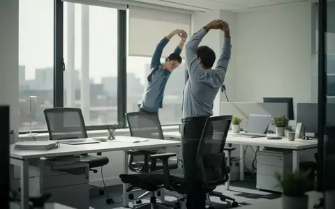 Eine Person macht im hellen Büro eine Dehnübung neben ihrem Schreibtisch zur Entspannung der Muskulatur. - Foto: über boerse-global.de
