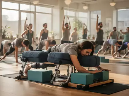 Eine diverse Gruppe praktiziert Yoga in einem hellen Studio mit unterstützenden Hilfsmitteln für barrierefreies Training. - Foto: über boerse-global.de