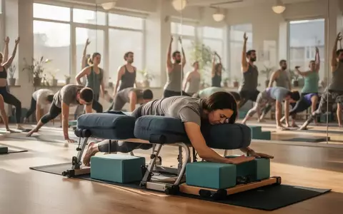 Eine diverse Gruppe praktiziert Yoga in einem hellen Studio mit unterstützenden Hilfsmitteln für barrierefreies Training. - Foto: über boerse-global.de