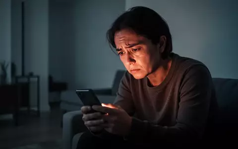 Eine nachdenklich wirkende Person blickt in einem abgedunkelten Raum auf ihr Smartphone, wobei das Display ihr Gesicht beleuchtet. - Foto: über boerse-global.de