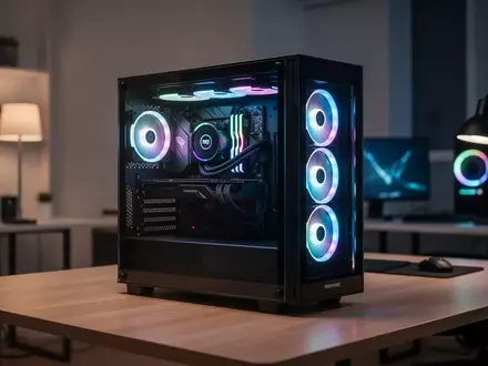 Ein moderner, beleuchteter Gaming-PC auf einem Schreibtisch in einem professionellen Home-Office-Setup. - Foto: über boerse-global.de