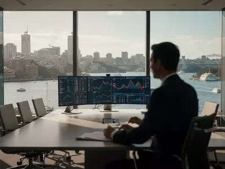 Ein moderner Konferenzraum mit Blick auf den Hafen von Sydney, in dem ein Finanzexperte an einem Schreibtisch arbeitet. - Foto: über boerse-global.de