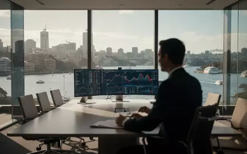 Ein moderner Konferenzraum mit Blick auf den Hafen von Sydney, in dem ein Finanzexperte an einem Schreibtisch arbeitet. - Foto: über boerse-global.de