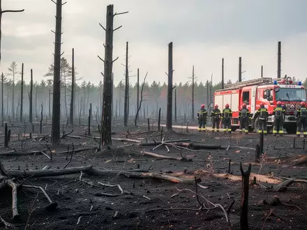 Verkohlte Waldlandschaft im Hohen Venn nach einem Großbrand mit Einsatzkräften im Hintergrund. - Foto: über boerse-global.de
