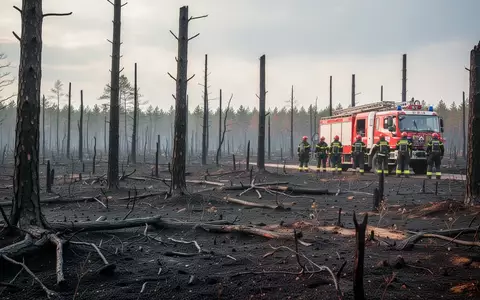 Verkohlte Waldlandschaft im Hohen Venn nach einem Großbrand mit Einsatzkräften im Hintergrund. - Foto: über boerse-global.de