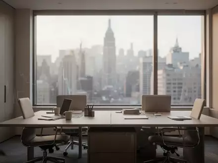 Modernes, minimalistisches Finanzbüro mit Blick auf eine Skyline bei natürlichem Morgenlicht. - Foto: über boerse-global.de