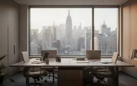 Modernes, minimalistisches Finanzbüro mit Blick auf eine Skyline bei natürlichem Morgenlicht. - Foto: über boerse-global.de
