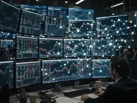 Blick auf eine moderne Handelsplattform mit komplexen Finanzdiagrammen und Datenvisualisierungen auf zahlreichen Monitoren. - Foto: über boerse-global.de