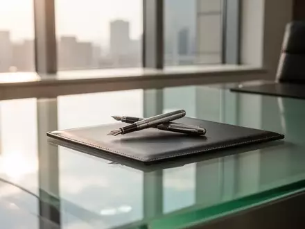 Ein moderner Schreibtisch in einem hellen Büro mit einem Füllfederhalter auf einem Notizblock bei Tageslicht. - Foto: über boerse-global.de